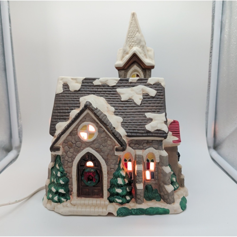 VTG Mervyns 1994 Village Square Church Stained Glass Windows Lighted Working EUC
